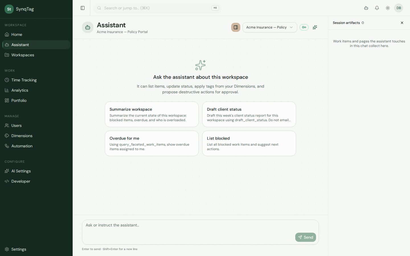 Assistant empty state with prompts to summarize a workspace, draft a client status, and list blocked work