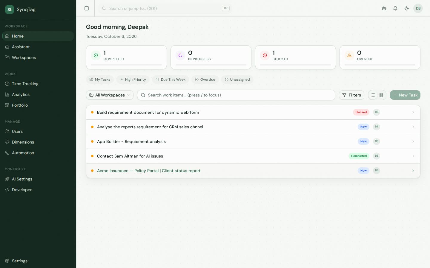 SynqTag home: greeting, status counts, and a list of work items across workspaces